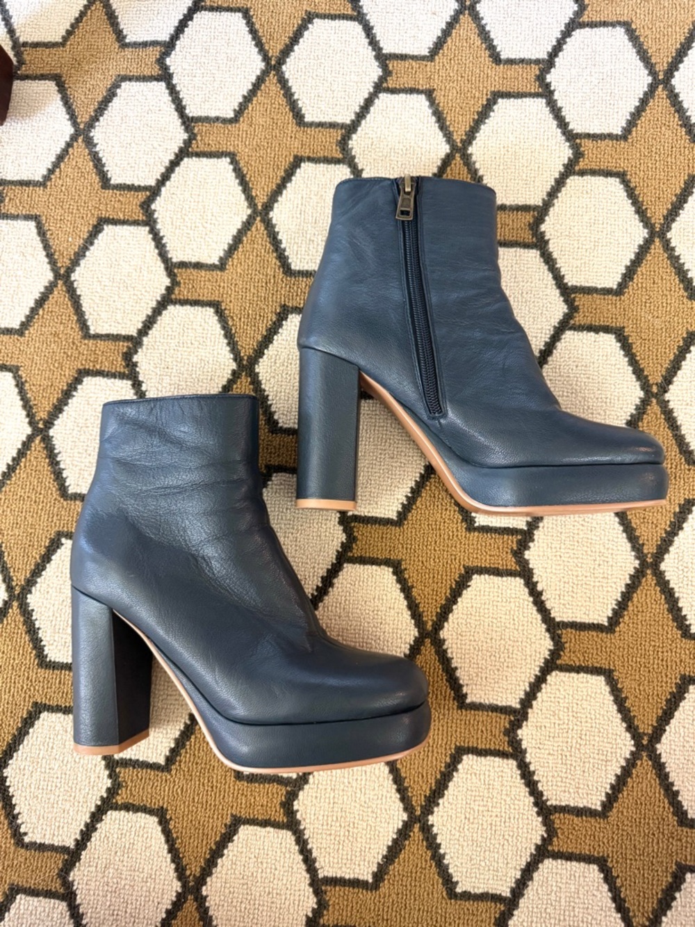 See By Chloe FA-Lisa Navy Leather Platform Ankle Boots with Block Heel